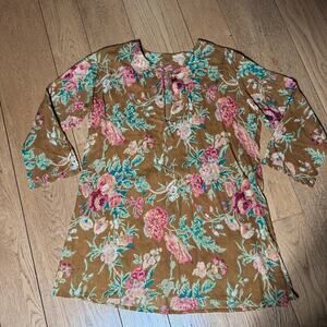 Brown Cotton Floral Tunic Split Neck SZ L XL Boho Hippie Light Weight **READ